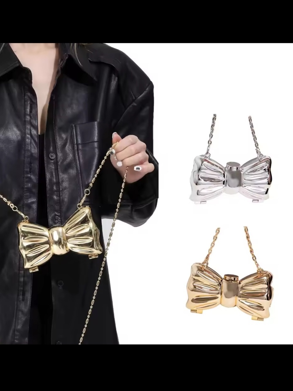 Gold Bow-Shaped Chain Mini Bag - Picture 10 of 10